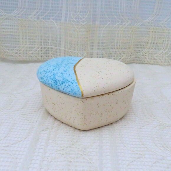 Handmade Ceramic Trinket Dish, Heart Shaped Aqua & Ecru Southwest Style - Picture 3 of 7